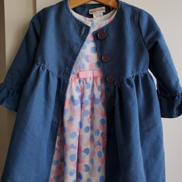 Girls Pink and Blue Polka Dot Dress & Denim Jacket - Picture 3 of 6
